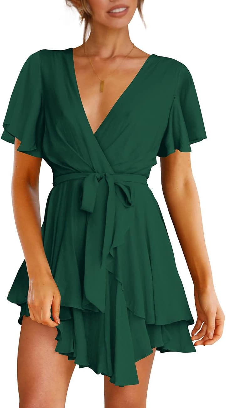 Cosonsen Women's Dress Deep V-Neck Long Sleeve Waist Tie Ruffle Mini Swing Skater Dresses