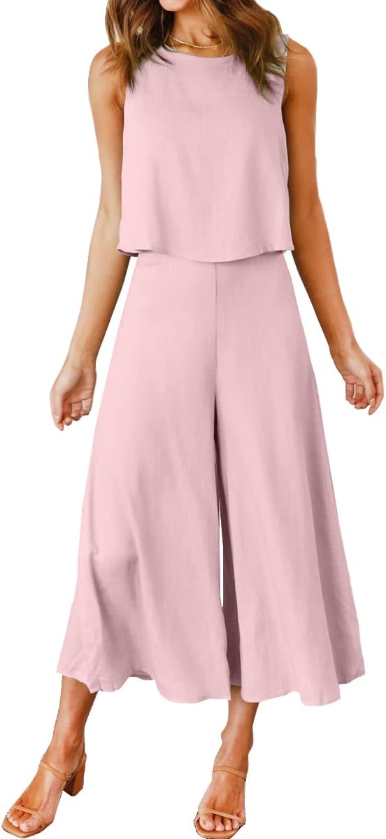 ROYLAMP Women's Summer 2 Piece Outfits Round neck Crop Basic Top Cropped Wide Leg pants Set Jumpsuits