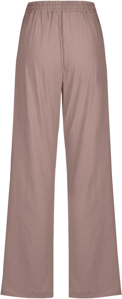 Linen Pants Women Fall Fashion High Waisted Cotton Pants Ladies Casual Plus Size Loose Fit Wide Leg Lounge Trousers