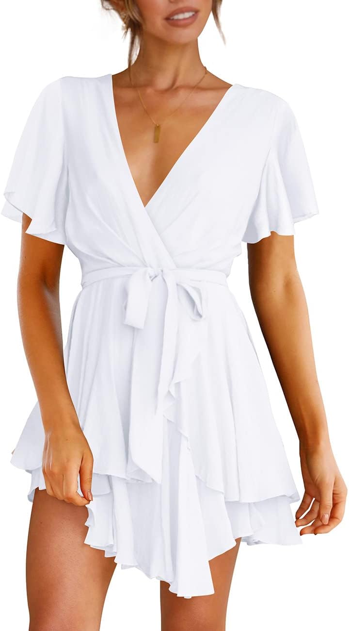 Cosonsen Women's Dress Deep V-Neck Long Sleeve Waist Tie Ruffle Mini Swing Skater Dresses