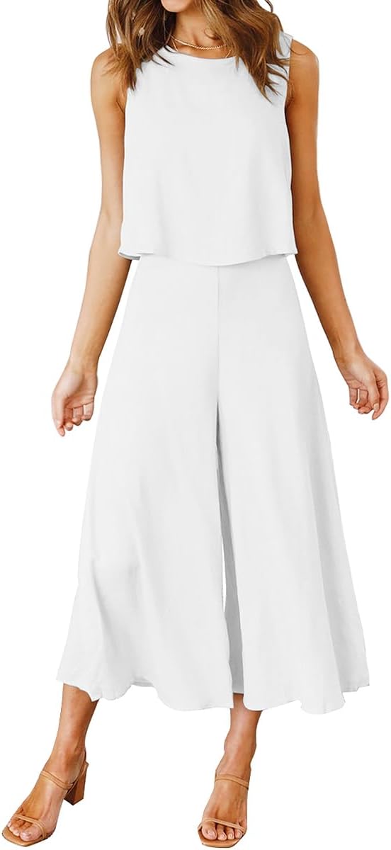 ROYLAMP Women's Summer 2 Piece Outfits Round neck Crop Basic Top Cropped Wide Leg pants Set Jumpsuits