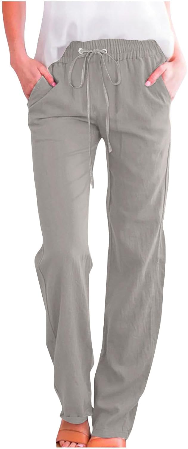 Linen Pants Women Fall Fashion High Waisted Cotton Pants Ladies Casual Plus Size Loose Fit Wide Leg Lounge Trousers