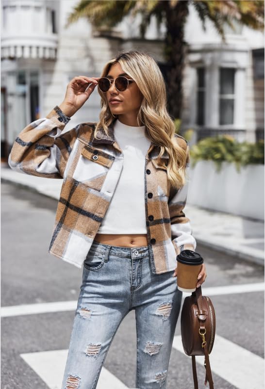 ZEAGOO Jackets for Women Cropped Flannel Plaid Shacket 2025 Fashion Button Down Shirt Coats Tops