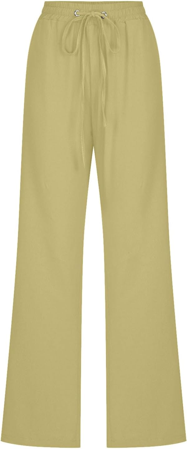 Linen Pants Women Fall Fashion High Waisted Cotton Pants Ladies Casual Plus Size Loose Fit Wide Leg Lounge Trousers
