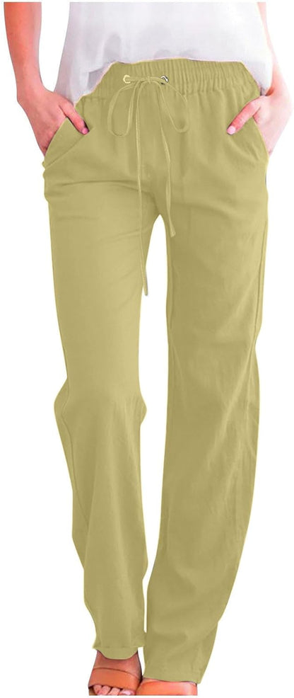 Linen Pants Women Fall Fashion High Waisted Cotton Pants Ladies Casual Plus Size Loose Fit Wide Leg Lounge Trousers