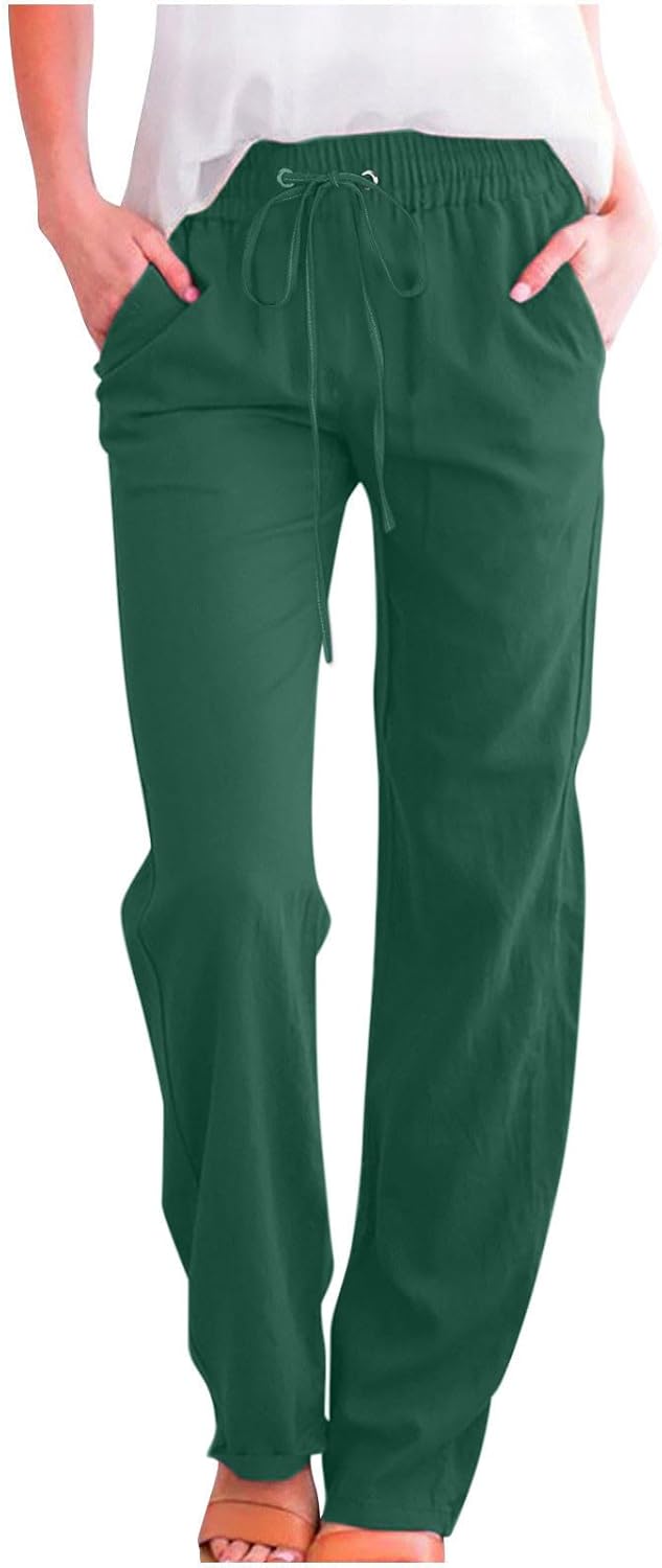 Linen Pants Women Fall Fashion High Waisted Cotton Pants Ladies Casual Plus Size Loose Fit Wide Leg Lounge Trousers