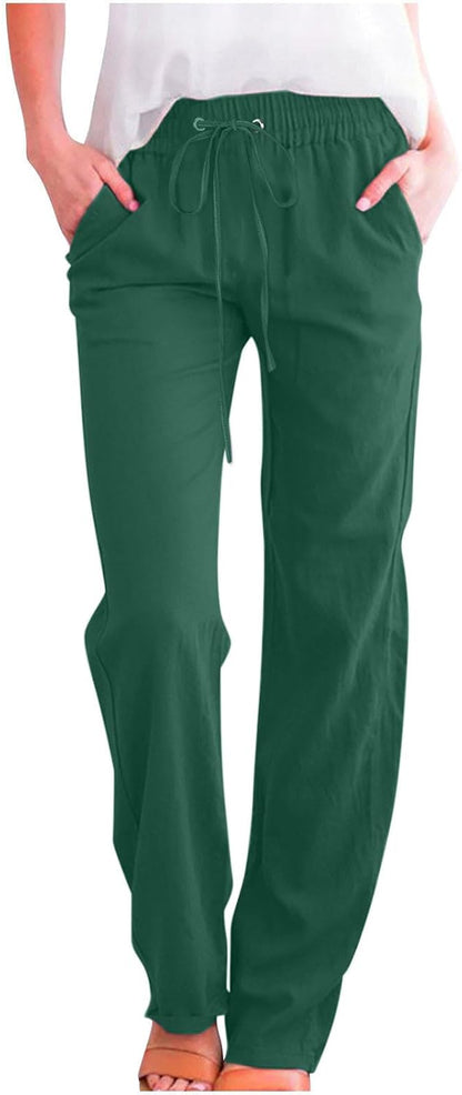 Linen Pants Women Fall Fashion High Waisted Cotton Pants Ladies Casual Plus Size Loose Fit Wide Leg Lounge Trousers
