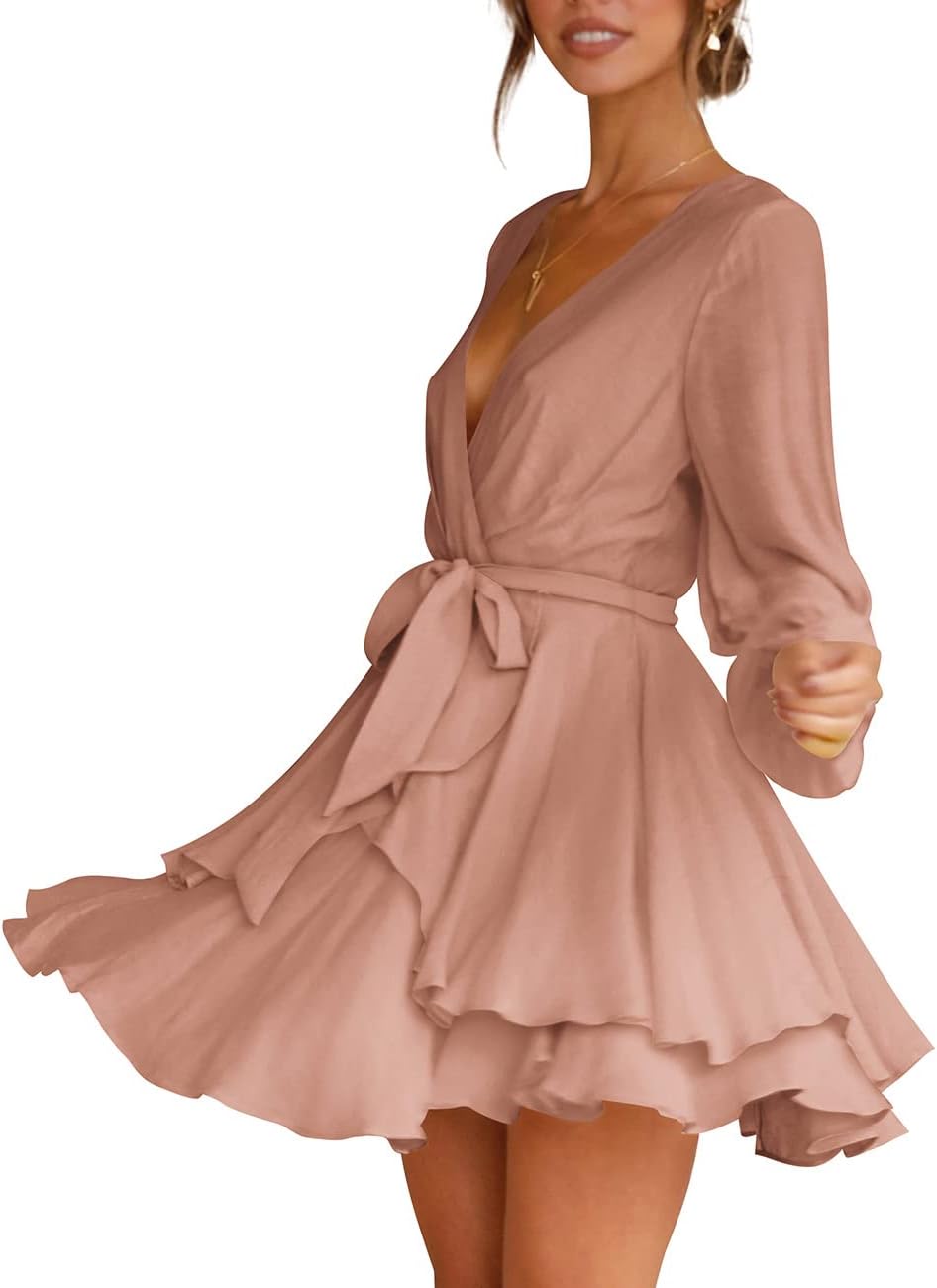 Cosonsen Women's Dress Deep V-Neck Long Sleeve Waist Tie Ruffle Mini Swing Skater Dresses