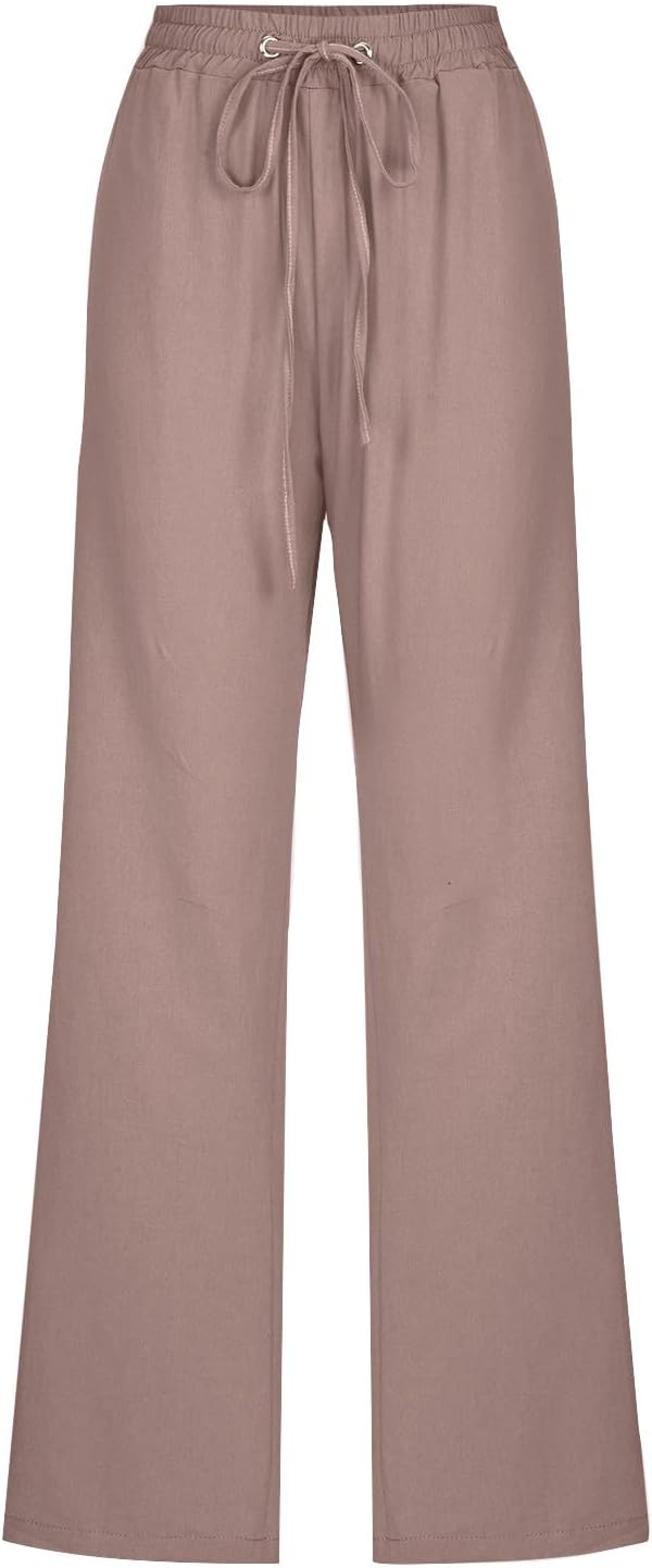 Linen Pants Women Fall Fashion High Waisted Cotton Pants Ladies Casual Plus Size Loose Fit Wide Leg Lounge Trousers