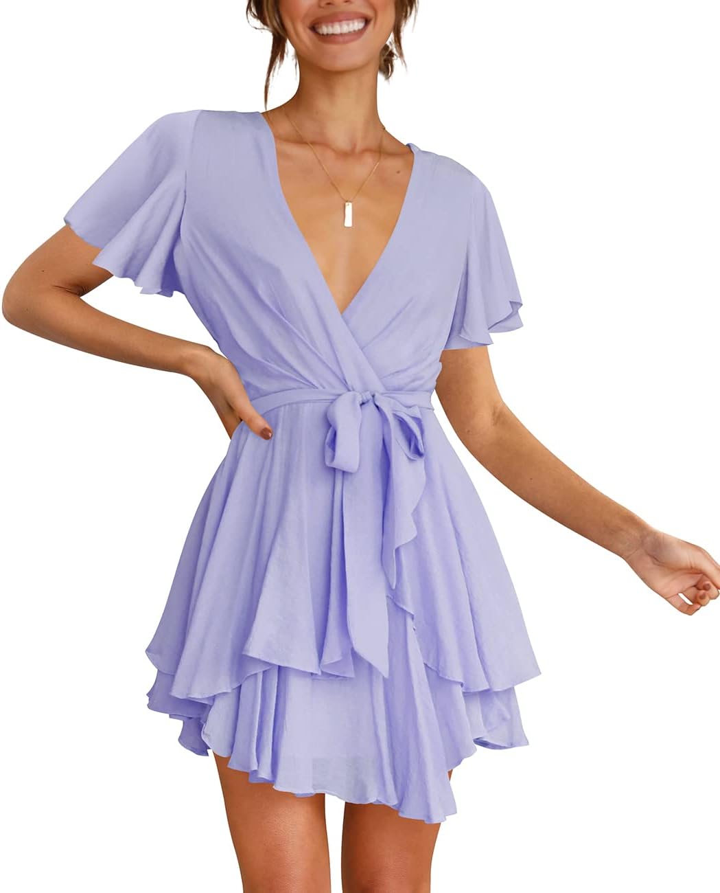 Cosonsen Women's Dress Deep V-Neck Long Sleeve Waist Tie Ruffle Mini Swing Skater Dresses