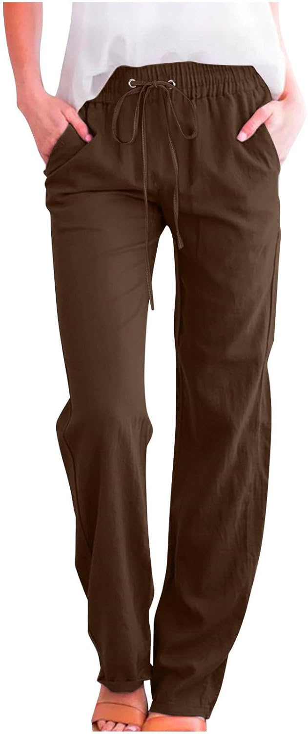 Linen Pants Women Fall Fashion High Waisted Cotton Pants Ladies Casual Plus Size Loose Fit Wide Leg Lounge Trousers
