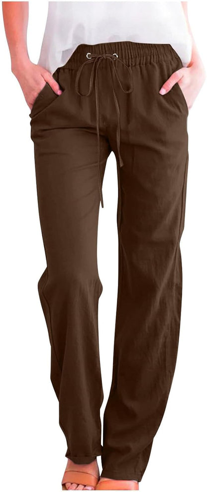 Linen Pants Women Fall Fashion High Waisted Cotton Pants Ladies Casual Plus Size Loose Fit Wide Leg Lounge Trousers