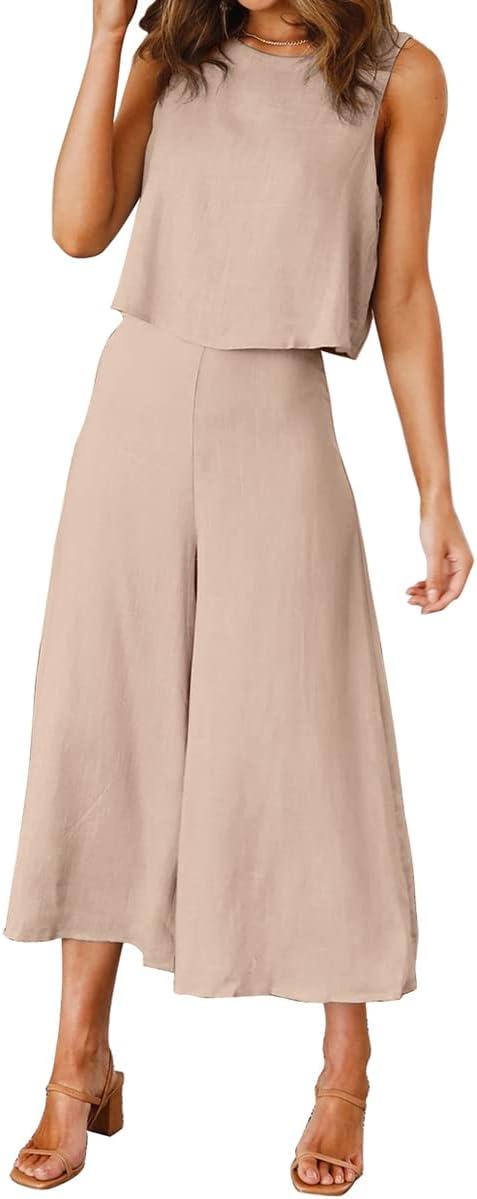 ROYLAMP Women's Summer 2 Piece Outfits Round neck Crop Basic Top Cropped Wide Leg pants Set Jumpsuits