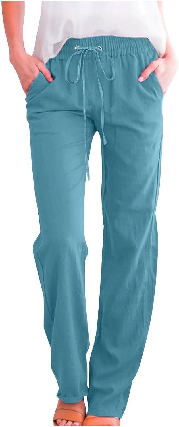 Linen Pants Women Fall Fashion High Waisted Cotton Pants Ladies Casual Plus Size Loose Fit Wide Leg Lounge Trousers