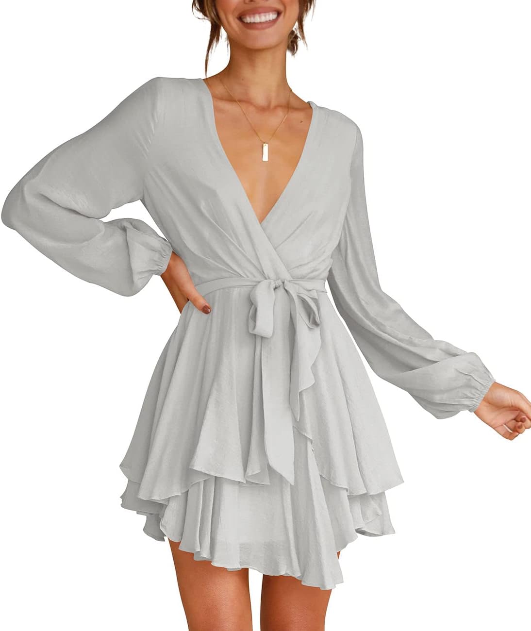Cosonsen Women's Dress Deep V-Neck Long Sleeve Waist Tie Ruffle Mini Swing Skater Dresses