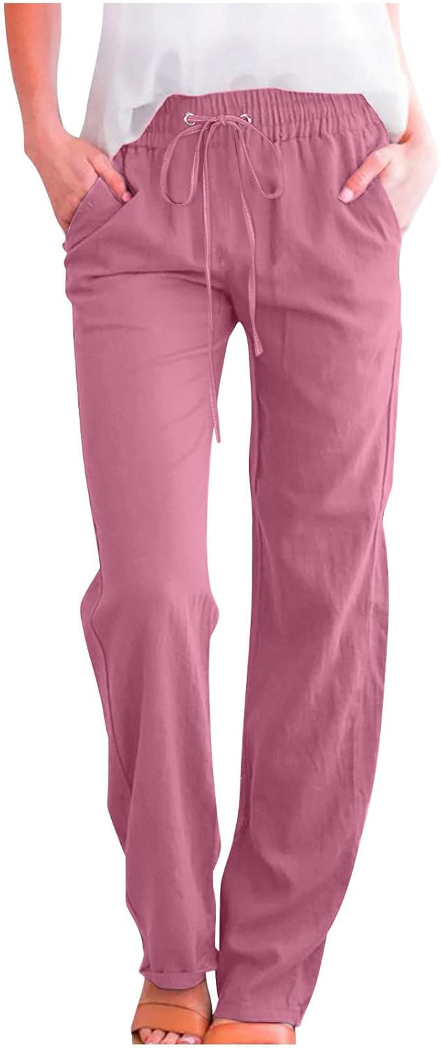 Linen Pants Women Fall Fashion High Waisted Cotton Pants Ladies Casual Plus Size Loose Fit Wide Leg Lounge Trousers