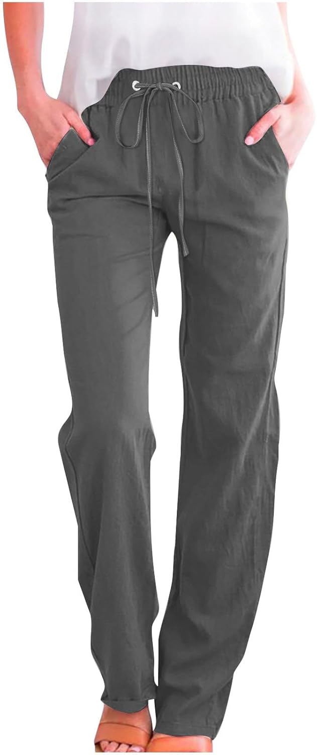 Linen Pants Women Fall Fashion High Waisted Cotton Pants Ladies Casual Plus Size Loose Fit Wide Leg Lounge Trousers