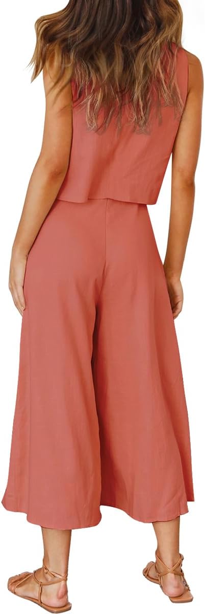 ROYLAMP Women's Summer 2 Piece Outfits Round neck Crop Basic Top Cropped Wide Leg pants Set Jumpsuits