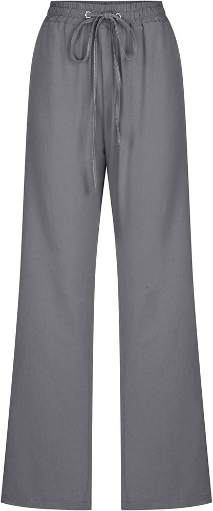 Linen Pants Women Fall Fashion High Waisted Cotton Pants Ladies Casual Plus Size Loose Fit Wide Leg Lounge Trousers