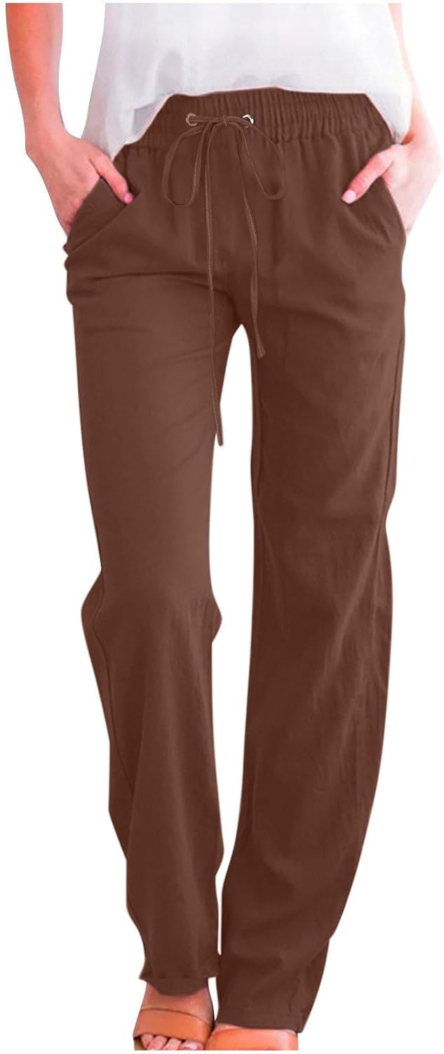 Linen Pants Women Fall Fashion High Waisted Cotton Pants Ladies Casual Plus Size Loose Fit Wide Leg Lounge Trousers