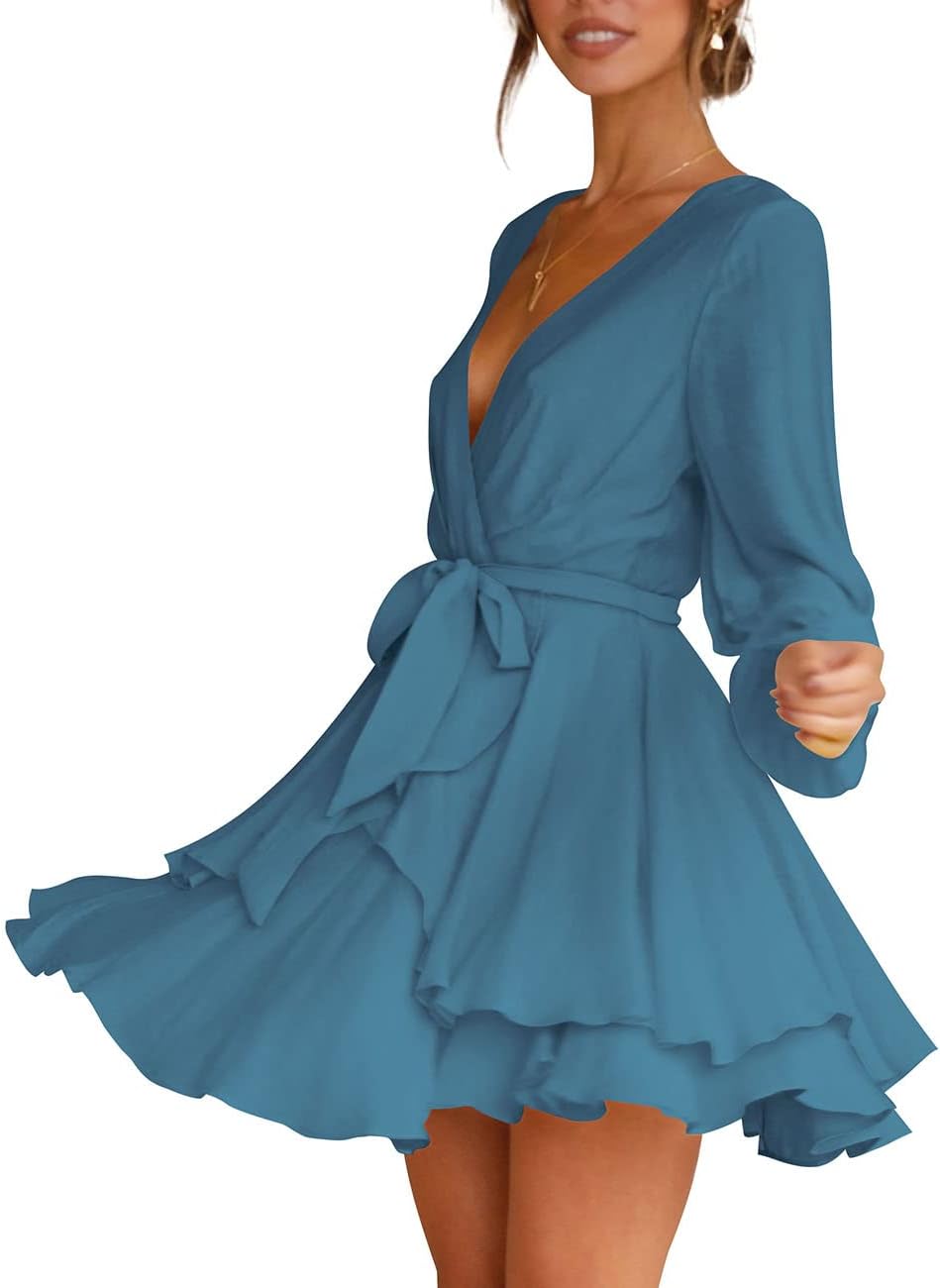Cosonsen Women's Dress Deep V-Neck Long Sleeve Waist Tie Ruffle Mini Swing Skater Dresses