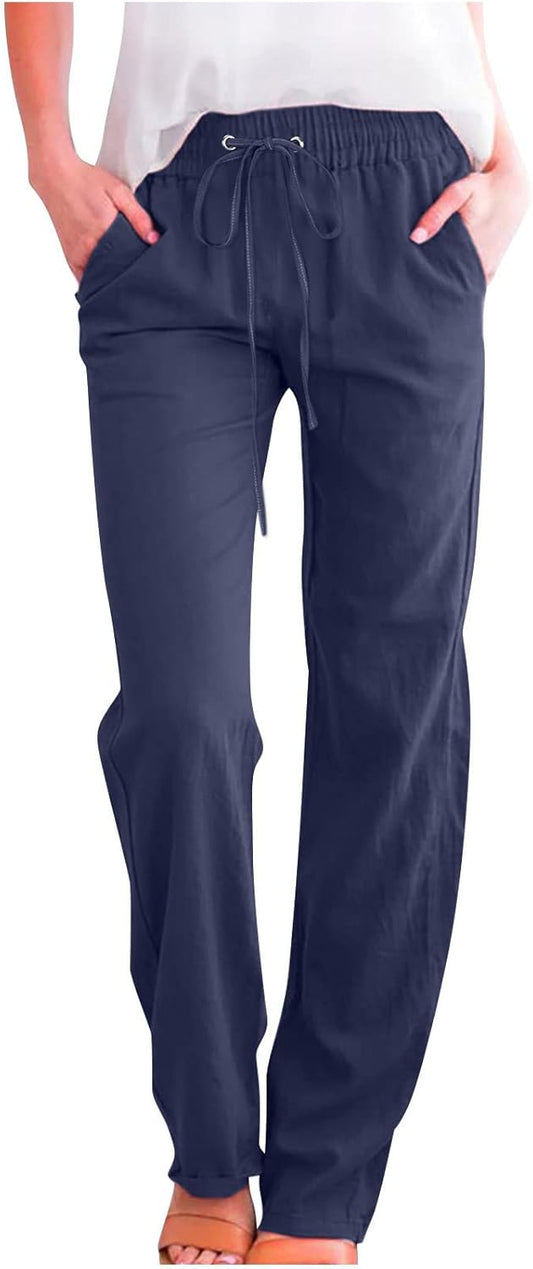 Linen Pants Women Fall Fashion High Waisted Cotton Pants Ladies Casual Plus Size Loose Fit Wide Leg Lounge Trousers