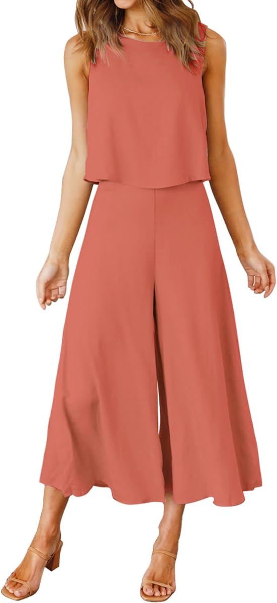 ROYLAMP Women's Summer 2 Piece Outfits Round neck Crop Basic Top Cropped Wide Leg pants Set Jumpsuits