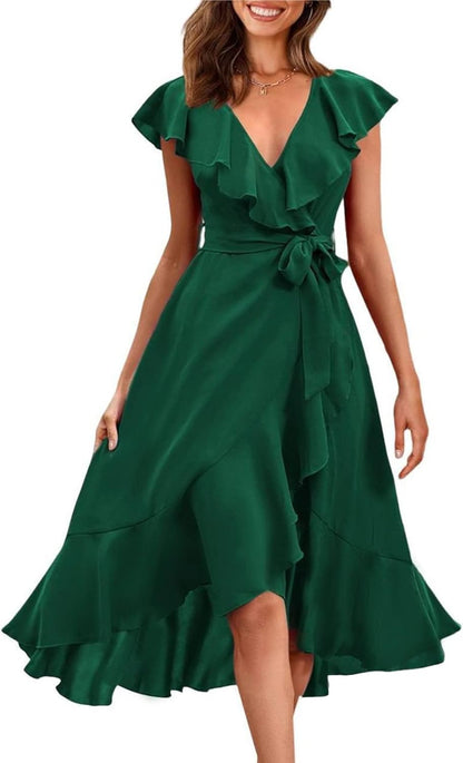 PRETTYGARDEN Women's 2025 Summer Cross Midi Dress Casual Boho Deep V Neck Short Sleeve Ruffle Hem Split Beach Long Dresses