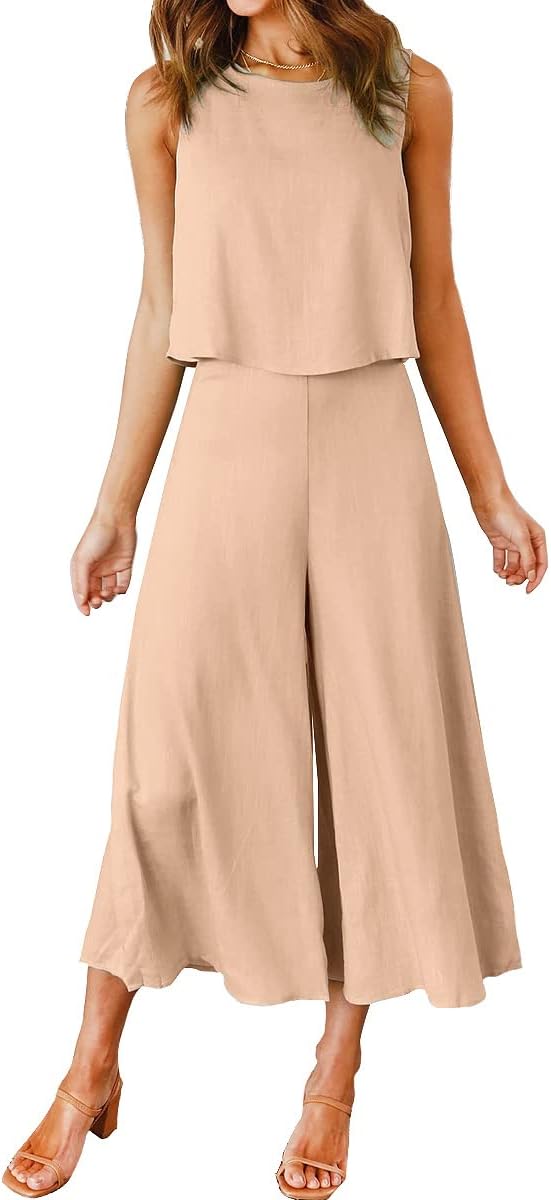 ROYLAMP Women's Summer 2 Piece Outfits Round neck Crop Basic Top Cropped Wide Leg pants Set Jumpsuits