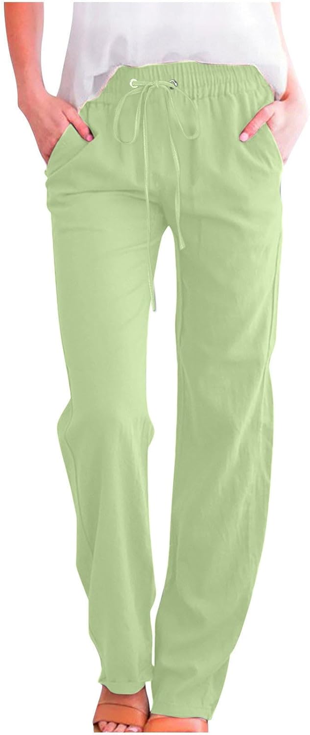 Linen Pants Women Fall Fashion High Waisted Cotton Pants Ladies Casual Plus Size Loose Fit Wide Leg Lounge Trousers