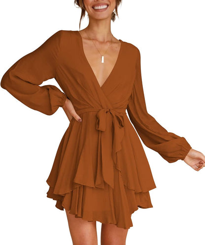 Cosonsen Women's Dress Deep V-Neck Long Sleeve Waist Tie Ruffle Mini Swing Skater Dresses