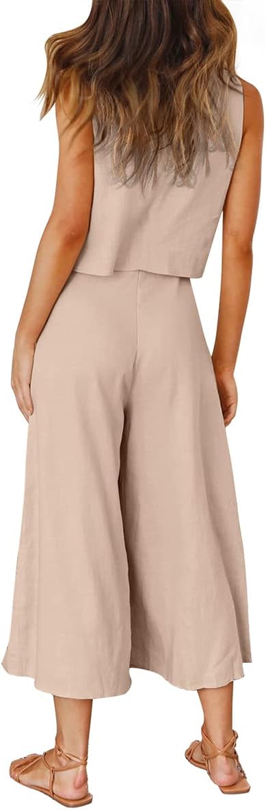 ROYLAMP Women's Summer 2 Piece Outfits Round neck Crop Basic Top Cropped Wide Leg pants Set Jumpsuits