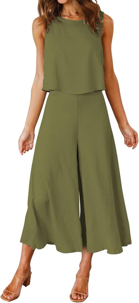 ROYLAMP Women's Summer 2 Piece Outfits Round neck Crop Basic Top Cropped Wide Leg pants Set Jumpsuits