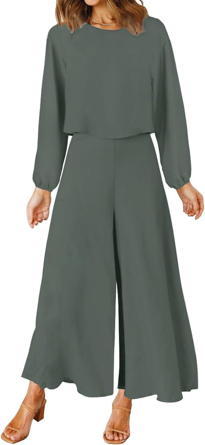 ROYLAMP Women's Summer 2 Piece Outfits Round neck Crop Basic Top Cropped Wide Leg pants Set Jumpsuits