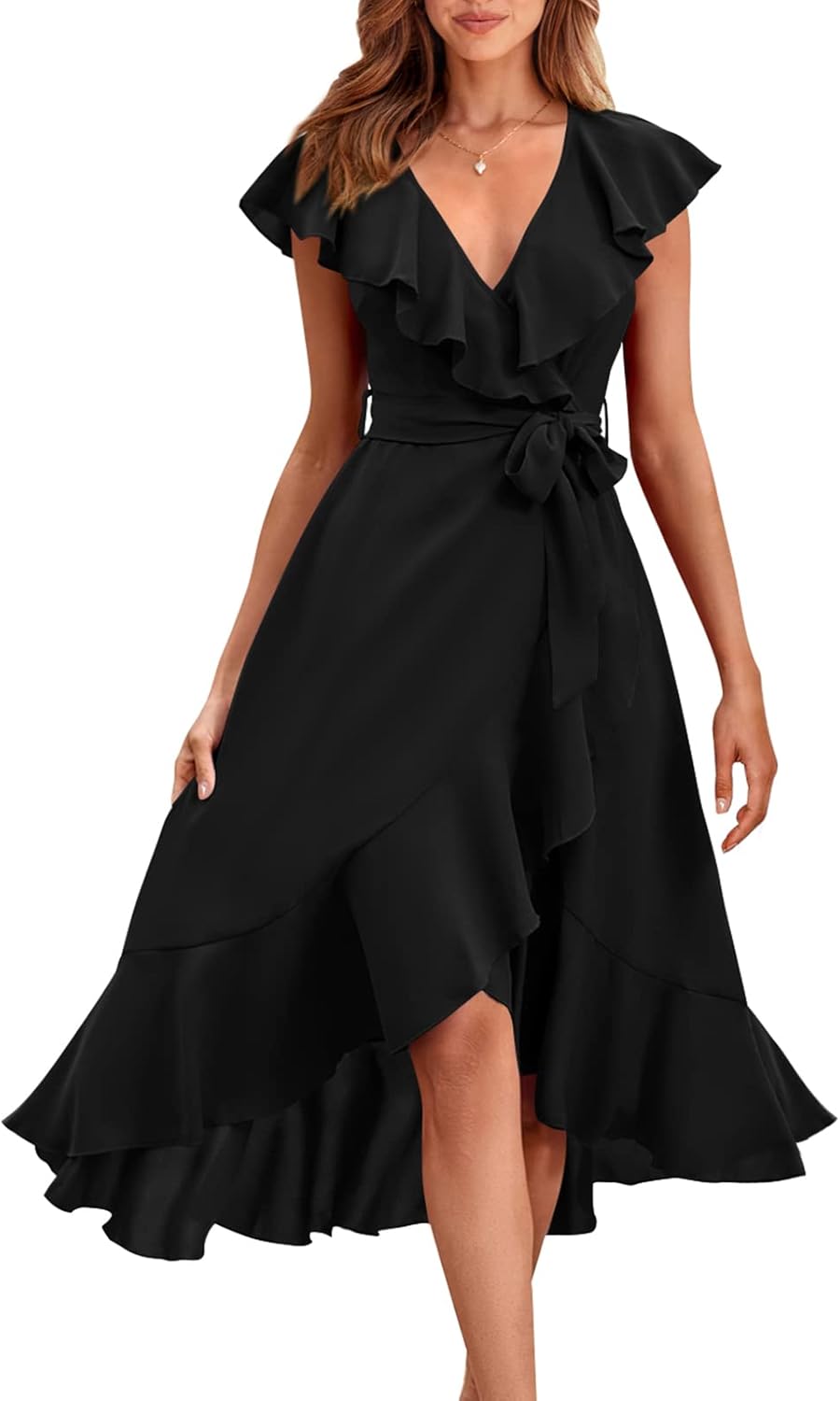 PRETTYGARDEN Women's 2025 Summer Cross Midi Dress Casual Boho Deep V Neck Short Sleeve Ruffle Hem Split Beach Long Dresses