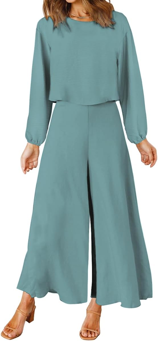 ROYLAMP Women's Summer 2 Piece Outfits Round neck Crop Basic Top Cropped Wide Leg pants Set Jumpsuits