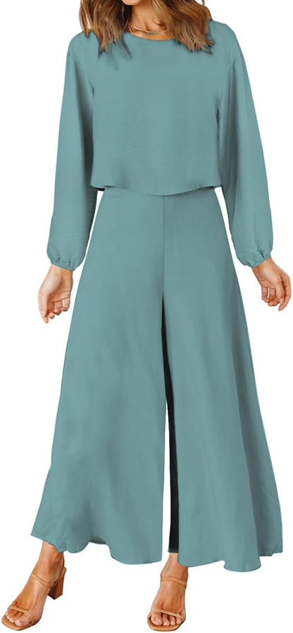 ROYLAMP Women's Summer 2 Piece Outfits Round neck Crop Basic Top Cropped Wide Leg pants Set Jumpsuits