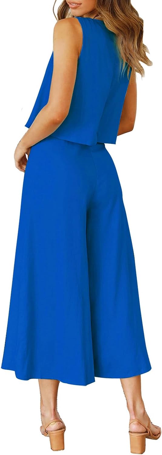 ROYLAMP Women's Summer 2 Piece Outfits Round neck Crop Basic Top Cropped Wide Leg pants Set Jumpsuits