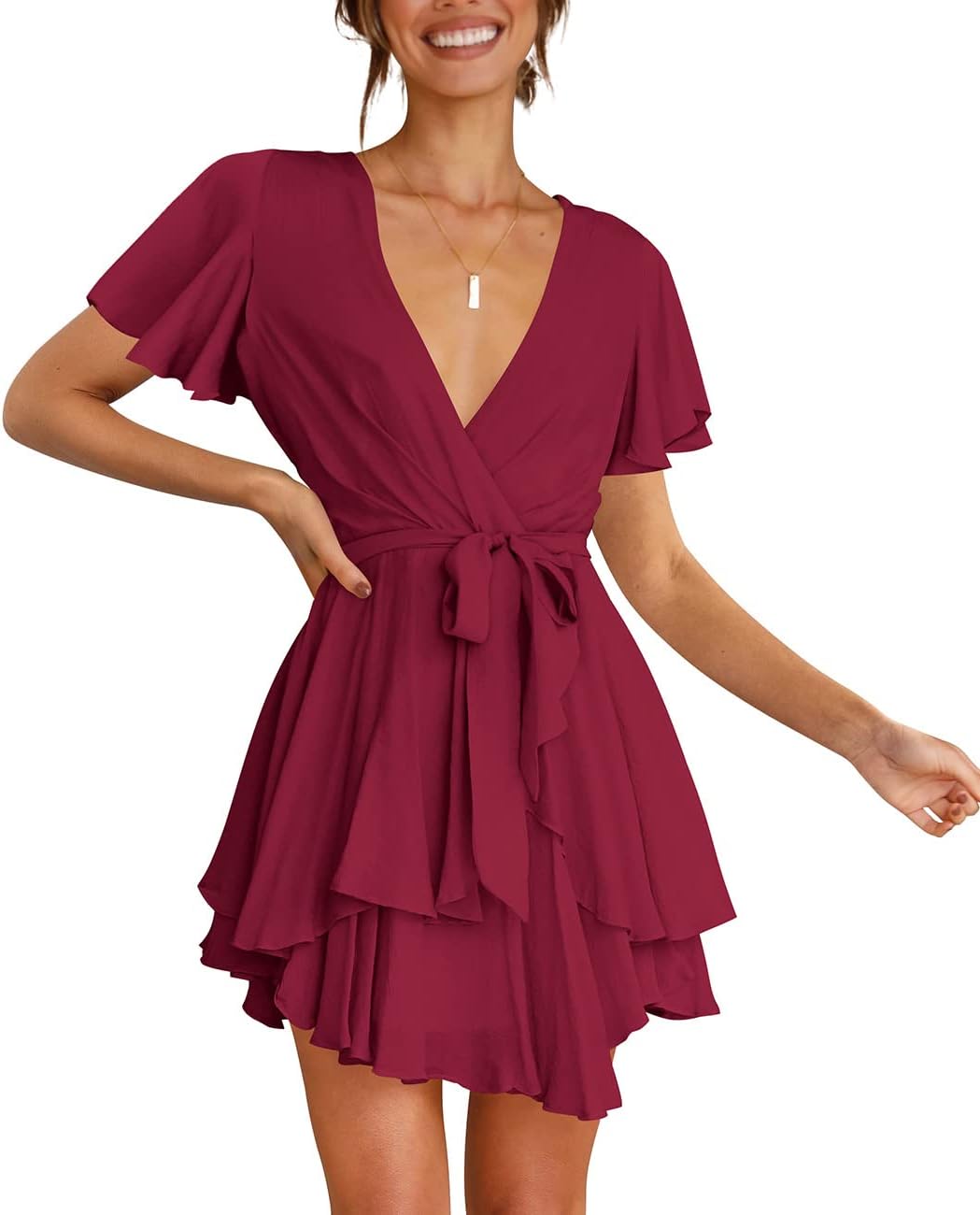 Cosonsen Women's Dress Deep V-Neck Long Sleeve Waist Tie Ruffle Mini Swing Skater Dresses