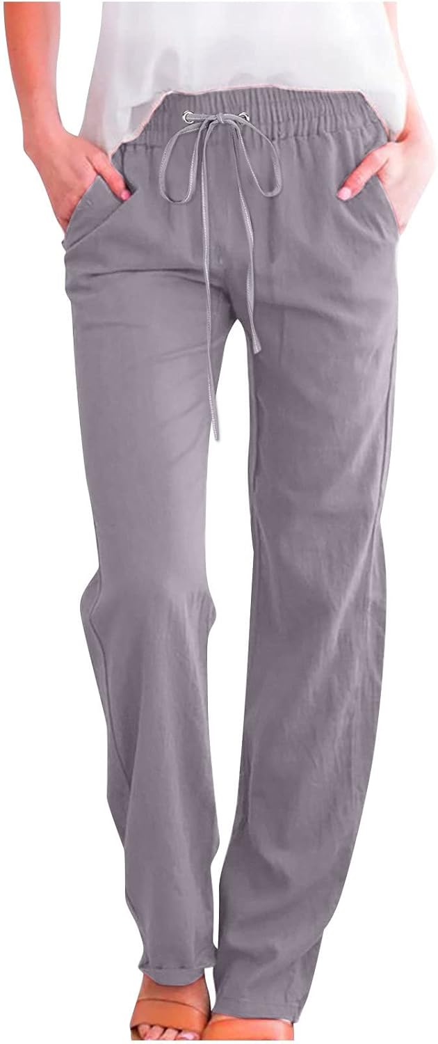 Linen Pants Women Fall Fashion High Waisted Cotton Pants Ladies Casual Plus Size Loose Fit Wide Leg Lounge Trousers