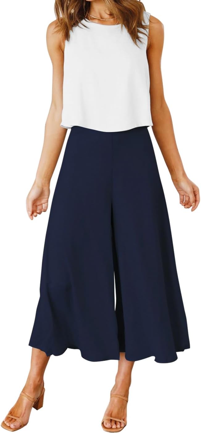 ROYLAMP Women's Summer 2 Piece Outfits Round neck Crop Basic Top Cropped Wide Leg pants Set Jumpsuits