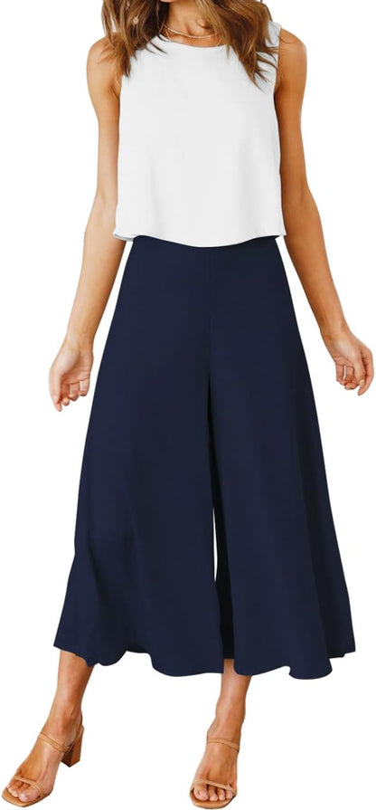 ROYLAMP Women's Summer 2 Piece Outfits Round neck Crop Basic Top Cropped Wide Leg pants Set Jumpsuits