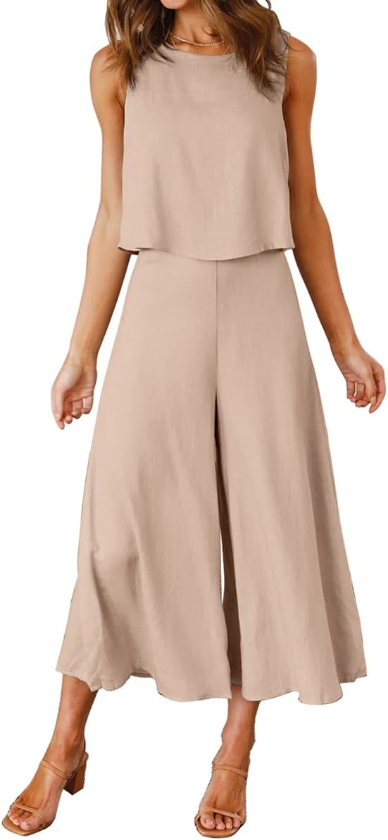 ROYLAMP Women's Summer 2 Piece Outfits Round neck Crop Basic Top Cropped Wide Leg pants Set Jumpsuits