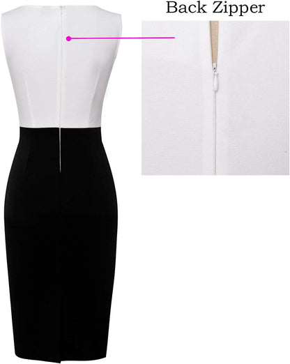 VFSHOW Womens Colorblock Patchwork Slim Front Zipper Work Business Office Party Bodycon Pencil Sheath Dress