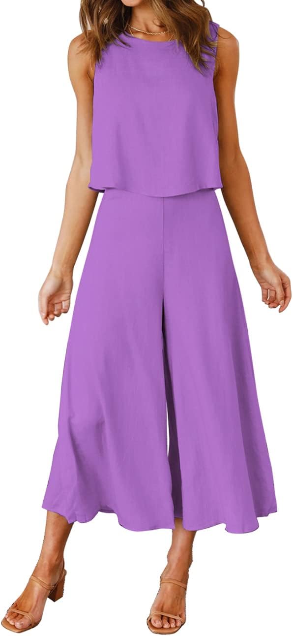 ROYLAMP Women's Summer 2 Piece Outfits Round neck Crop Basic Top Cropped Wide Leg pants Set Jumpsuits