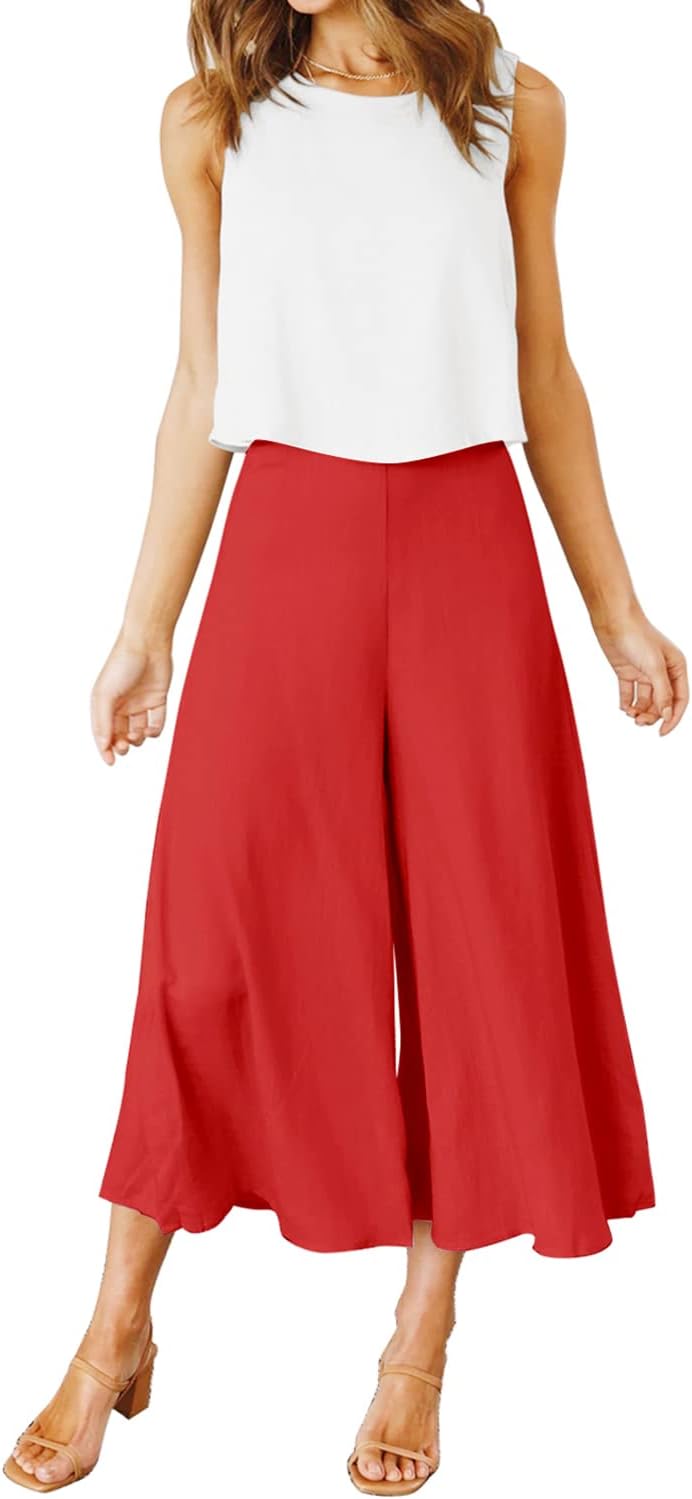 ROYLAMP Women's Summer 2 Piece Outfits Round neck Crop Basic Top Cropped Wide Leg pants Set Jumpsuits