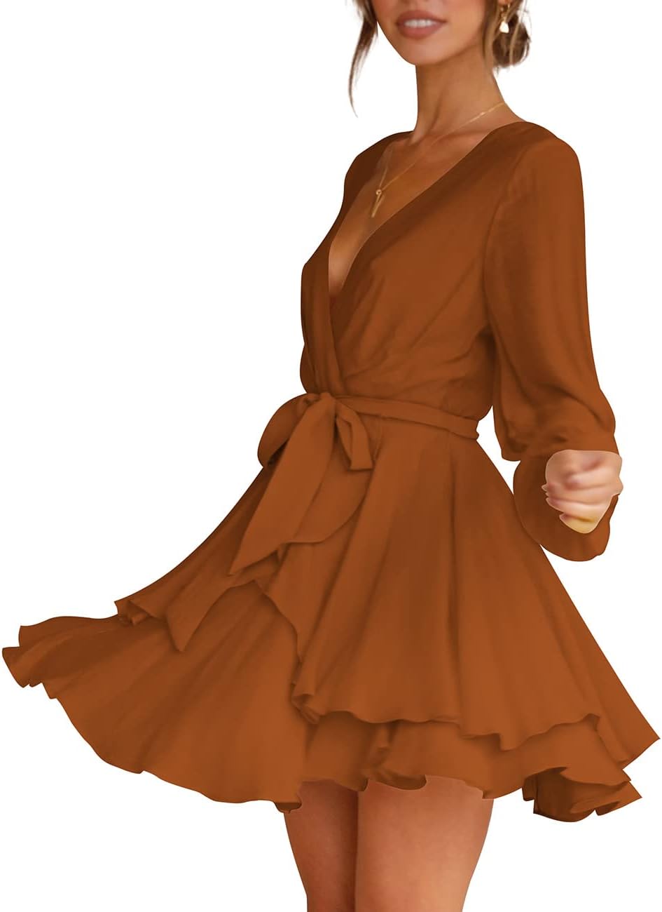 Cosonsen Women's Dress Deep V-Neck Long Sleeve Waist Tie Ruffle Mini Swing Skater Dresses
