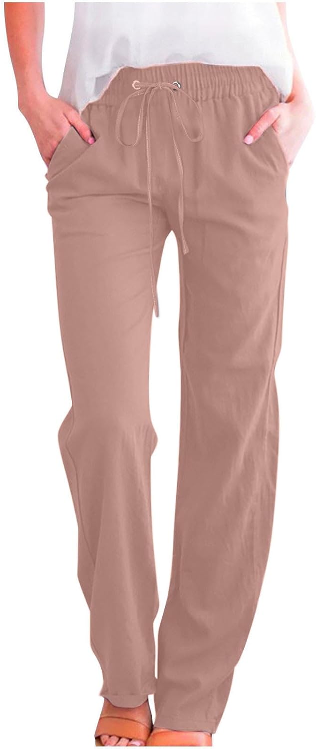 Linen Pants Women Fall Fashion High Waisted Cotton Pants Ladies Casual Plus Size Loose Fit Wide Leg Lounge Trousers