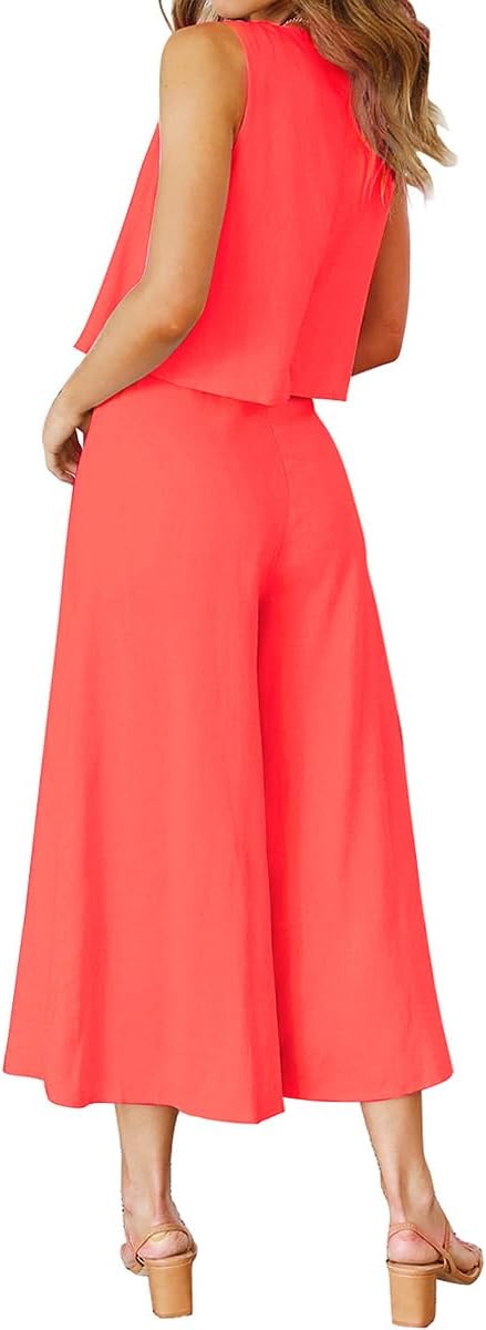 ROYLAMP Women's Summer 2 Piece Outfits Round neck Crop Basic Top Cropped Wide Leg pants Set Jumpsuits
