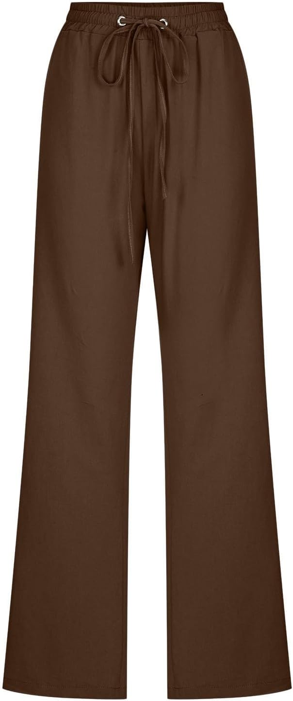 Linen Pants Women Fall Fashion High Waisted Cotton Pants Ladies Casual Plus Size Loose Fit Wide Leg Lounge Trousers